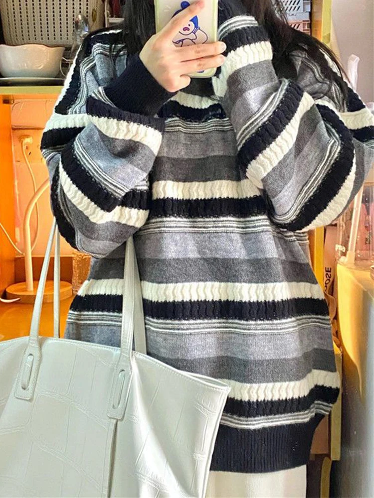 Striped Knitted Sweaters Women Winter Oversized Loose Pullover Female Fashion Casual Thick O-neck Jumper Warm Lazy Knitwear Lady