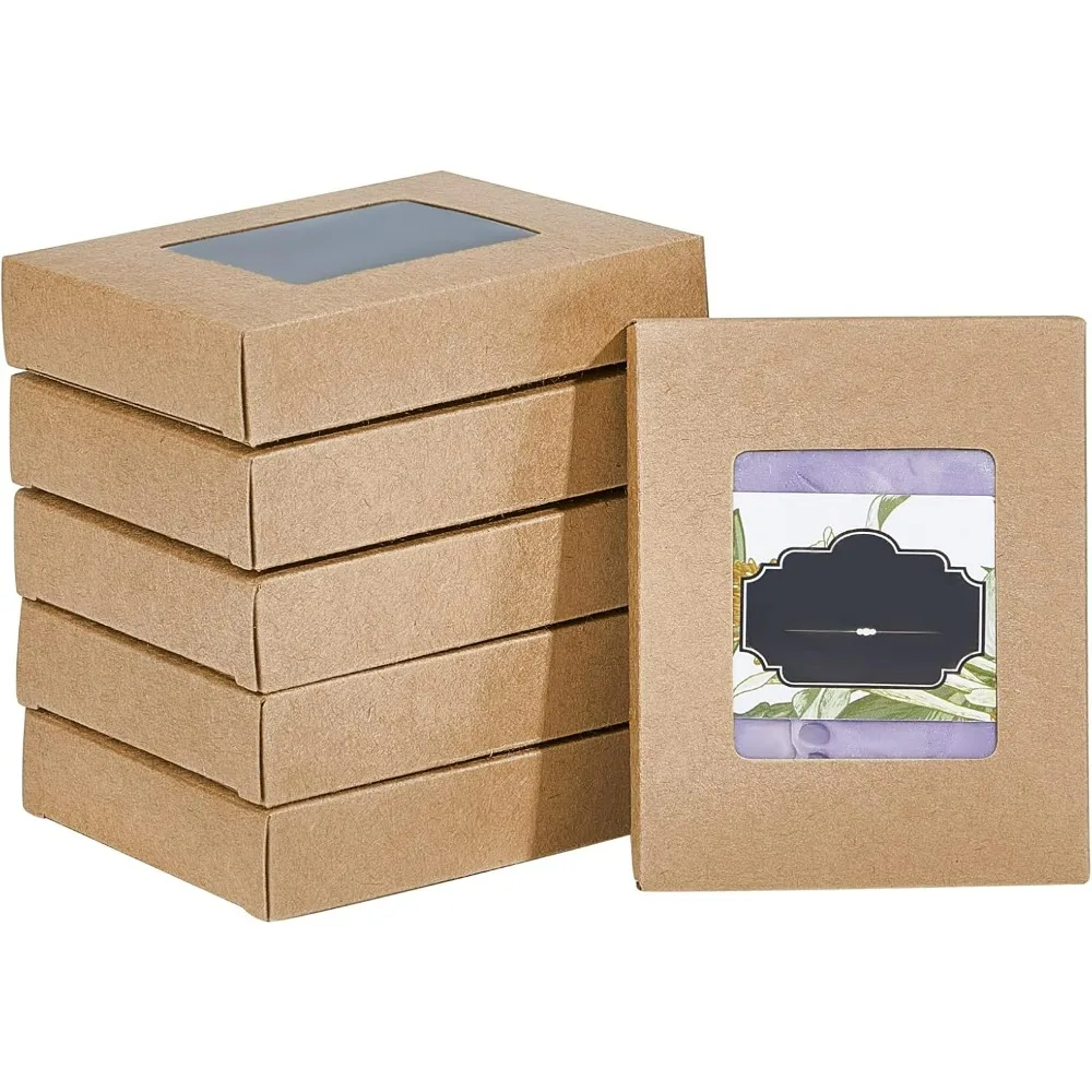 30PCS 4x3x0.8inch Kraft Paper Boxes with Clear Window Rectangle Foldable Paper Gift Box for Party Favor Treats and Jewelry