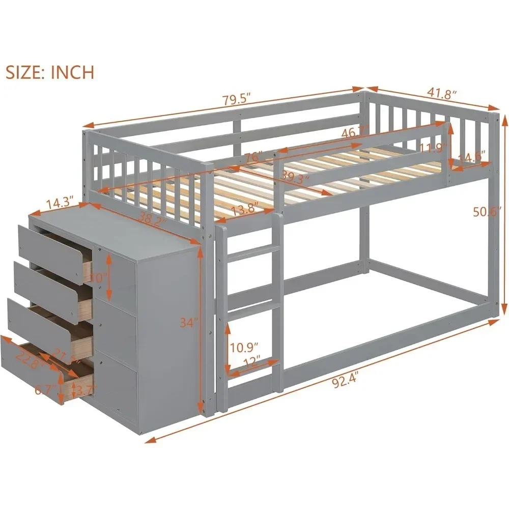 Low Bunk Bed, with Storage,with 4 Drawers and 3 Shelves, Solid Wood Loft Beds for Kids Girls Boys, Floor Bunk Bed Frame