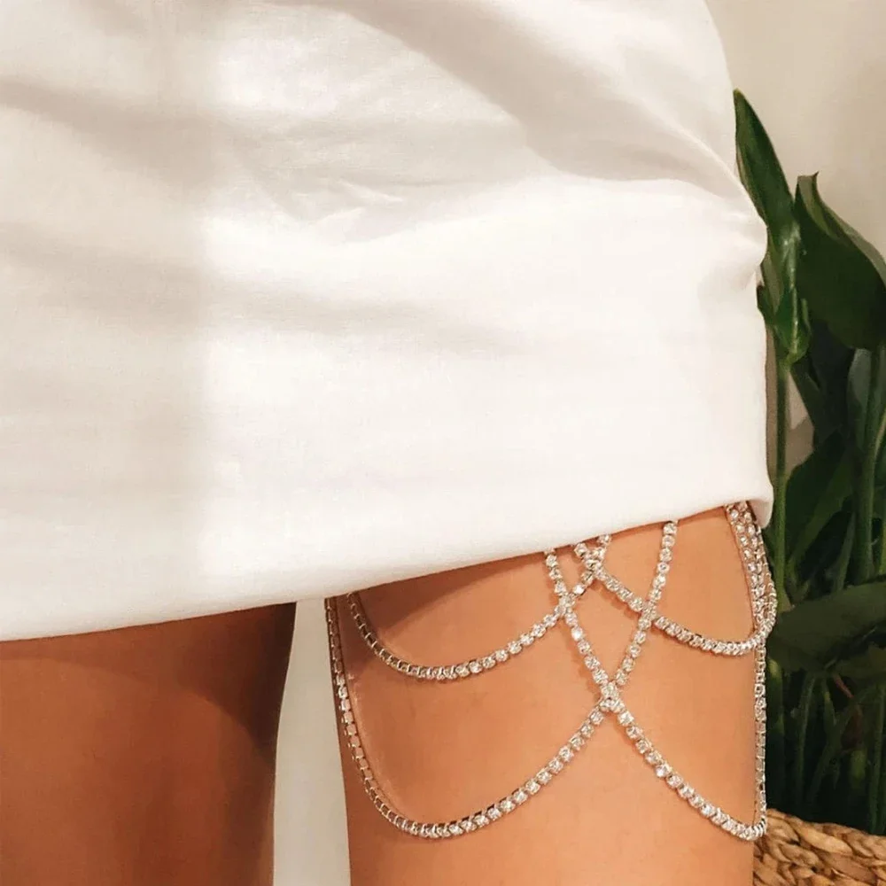 Fashion Rhinestone MultiLayered Thigh Chain Leg Accessories Rave Outfit Crystal Body Chain Bikini Jewelry Belt Elasticity Gifts