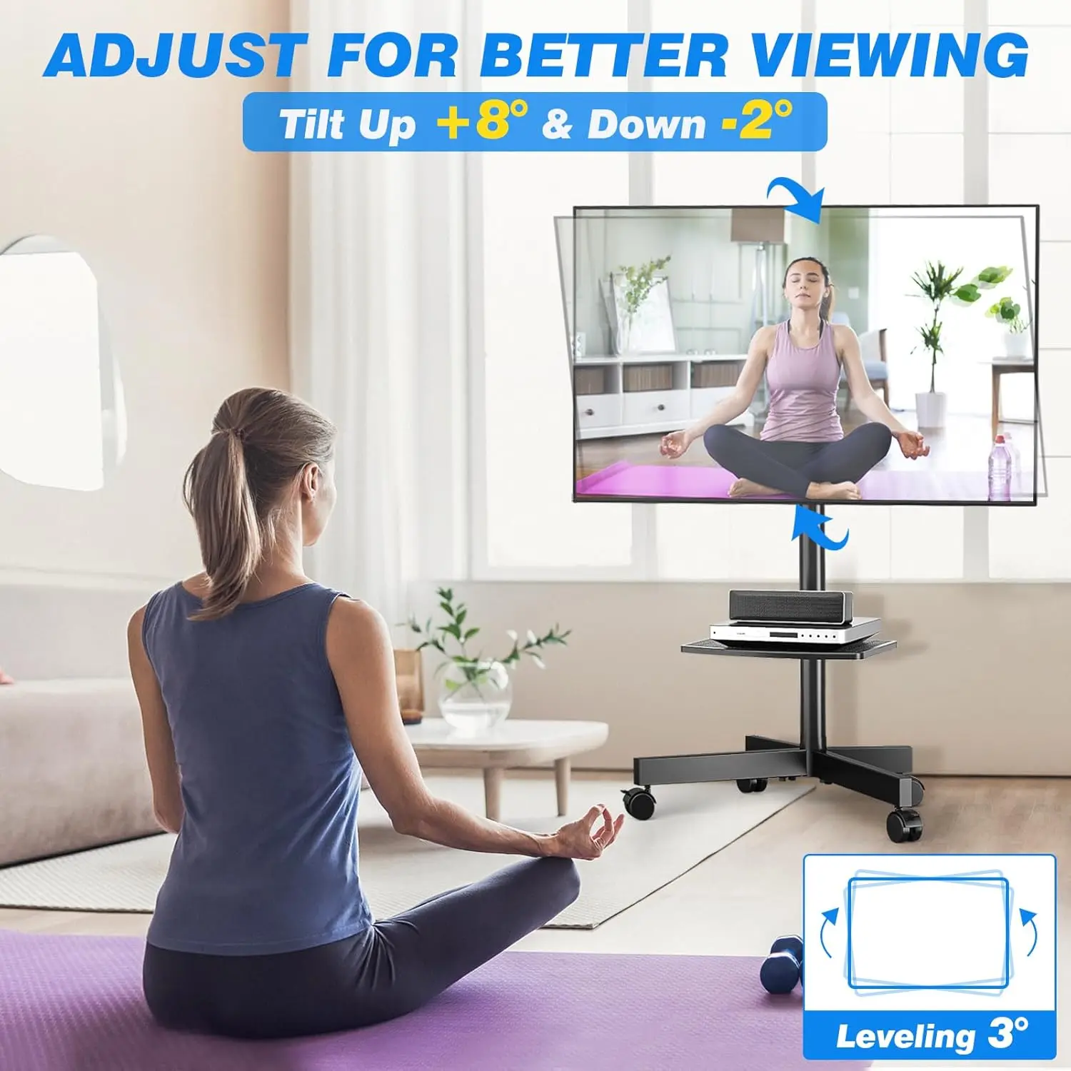 Verstelbare rollende tv-standaard met plank voor tv's van 23–65 inch tot 88 lbs, mobiele wagen met stille wielen