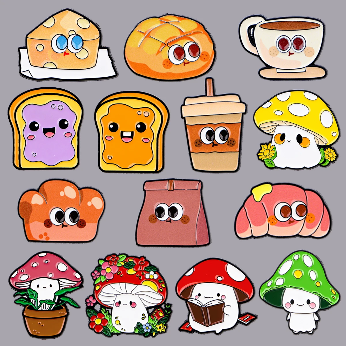 Happy Bread Enamel Pin Funny Mushroom Animals Brooches on Clothes Badge Bag Clothes Lapel Jewelry Gifts for Adults Friends