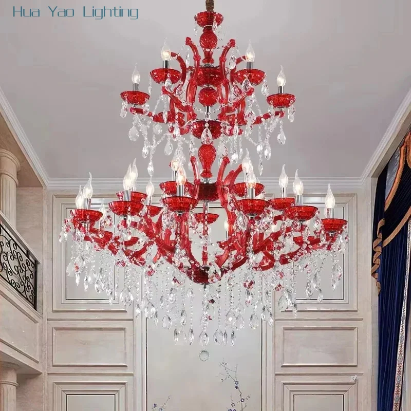 European Red Crystal Chandelier Hotel Lobby Colorful Candle Pendant Lamps Banquet Hall Villa Duplex Decoration Project Lighting