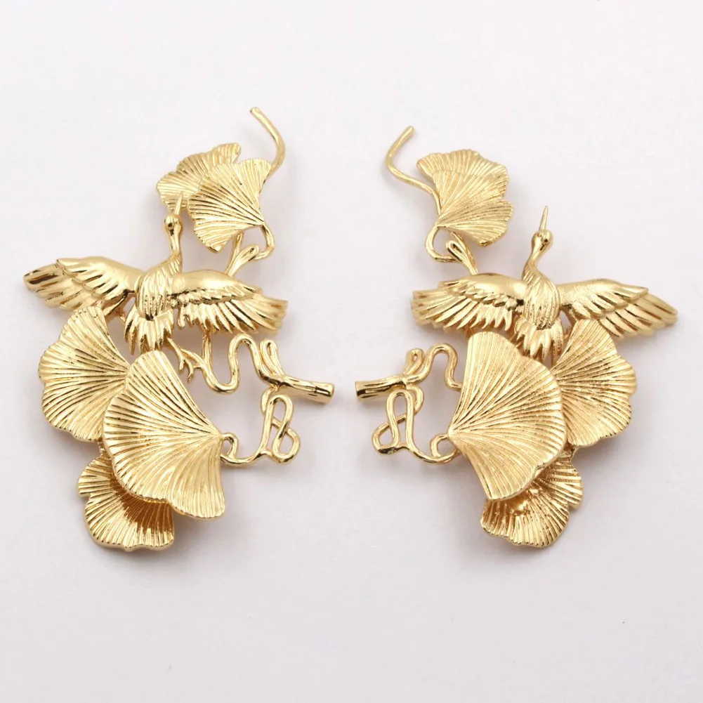 3pair Quality Brass Casted Ginkgo Biloba Leaves Branches Pendants Red-Crowned Crane Stamping Decoration DIY Jewelry Accessories