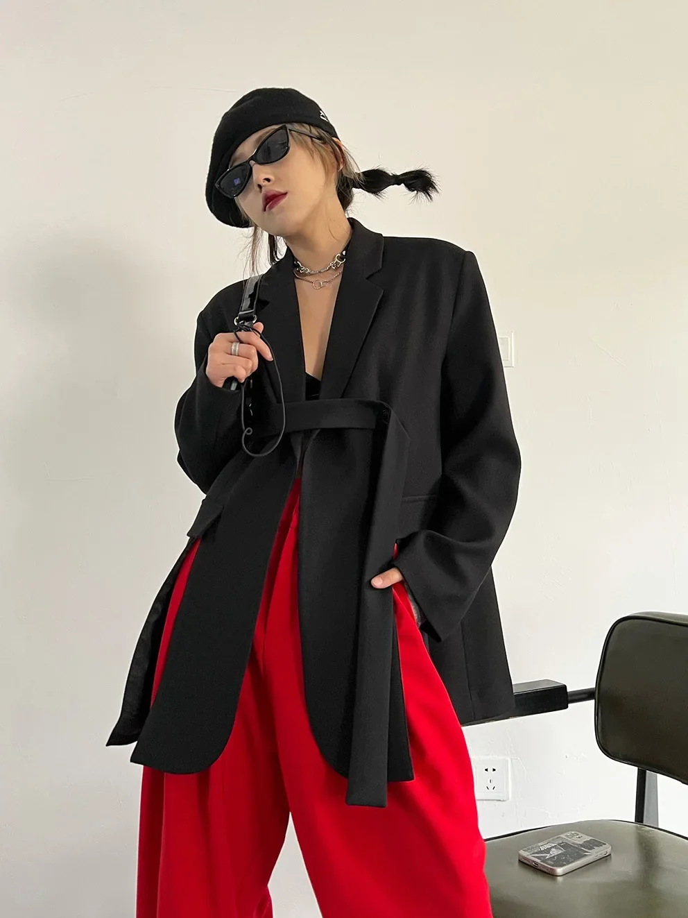 Women Gray Ribbon Slit Big Size Blazer New Lapel Long Sleeve Loose Fit Jacket Fashion Tide Spring Autumn 2024 Street Style