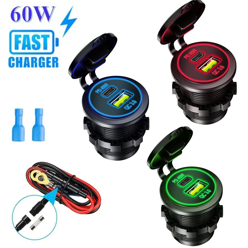 60W 12/24V USB Autoladegerät Buchse PD & QC 3.0 Schnellladung für Auto Motorrad Wasserdicht für Auto Motorrad LKW RV Boot