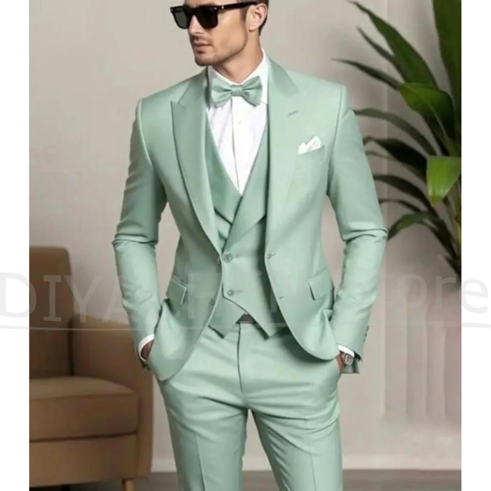 طقم بدلة رجالي باللون الأخضر النعناعي بقصة ضيقة لحفلات الزفاف الرسمية والحفلات الراقصة مكون من 3 قطع بدلة رجالية عصرية ذات طية صدر السترة واحدة