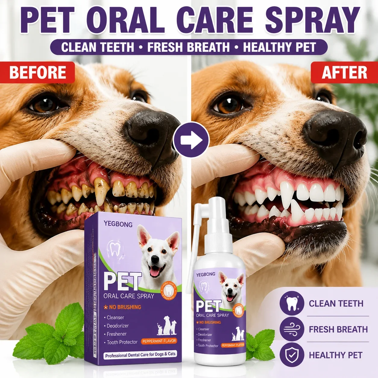 Dog & Cat Breath Freshening Spray - Efficient Tartar & Plaque Removal, Stops Bad Breath, Gentle Pet Oral Hygiene Treatment