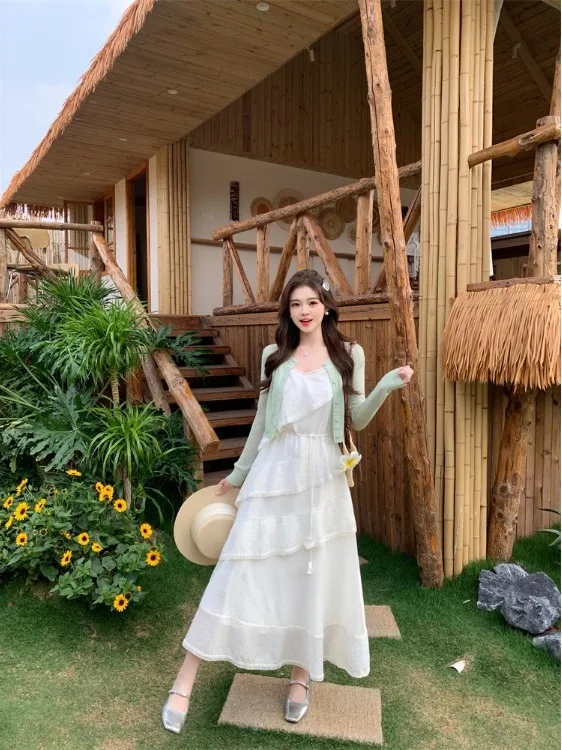 

Sweet plus Size Summer Cake Dress Set with Strap Top And Cardigan Slimming Versatile Korean Style Commute Fashion Ensemble