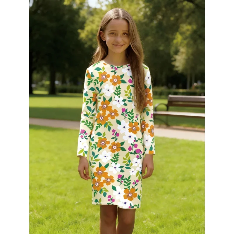 

Girls Floral Print Long Sleeve Dress Cute Casual Midi Spring Summer Kids Fashion 2026 Best Seller