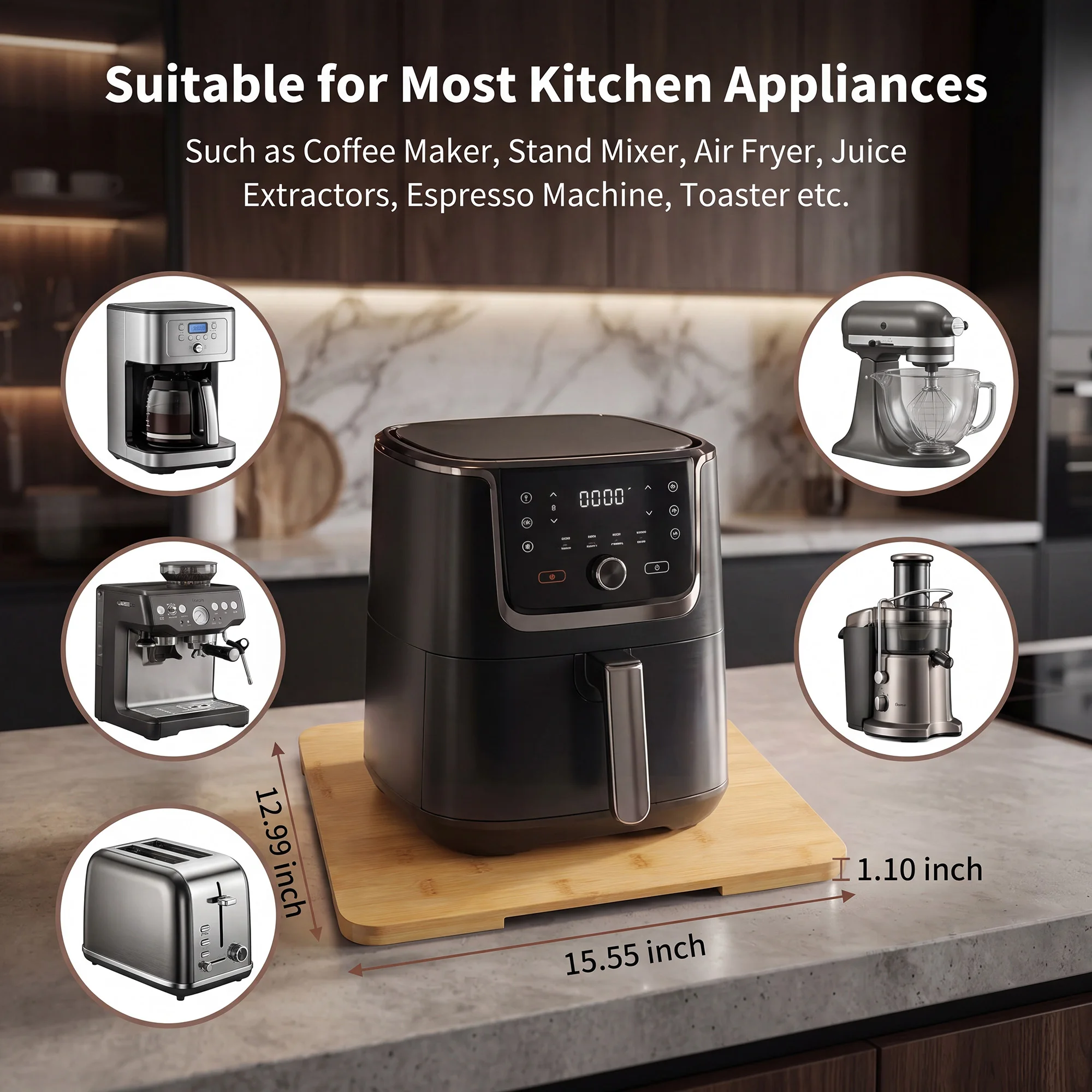 Bamboo Appliance Sliding Tray 360° Rotating Countertop Motion Slider for Coffee Maker Air Fryer Stand Mixer