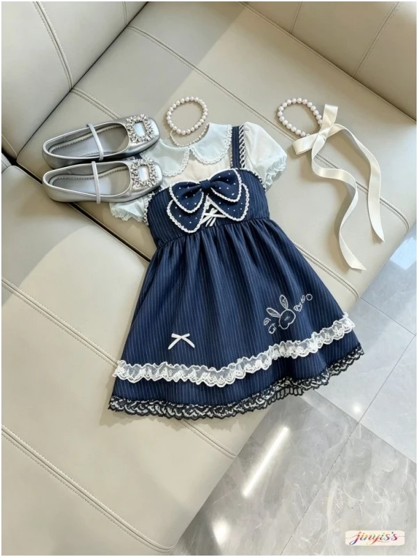 

Cute Korean Style Summer Dress Girl's Loose Doll Collar Mesh Splice Short Sleeve Natural Waist Dress for Ladies Daily Wear