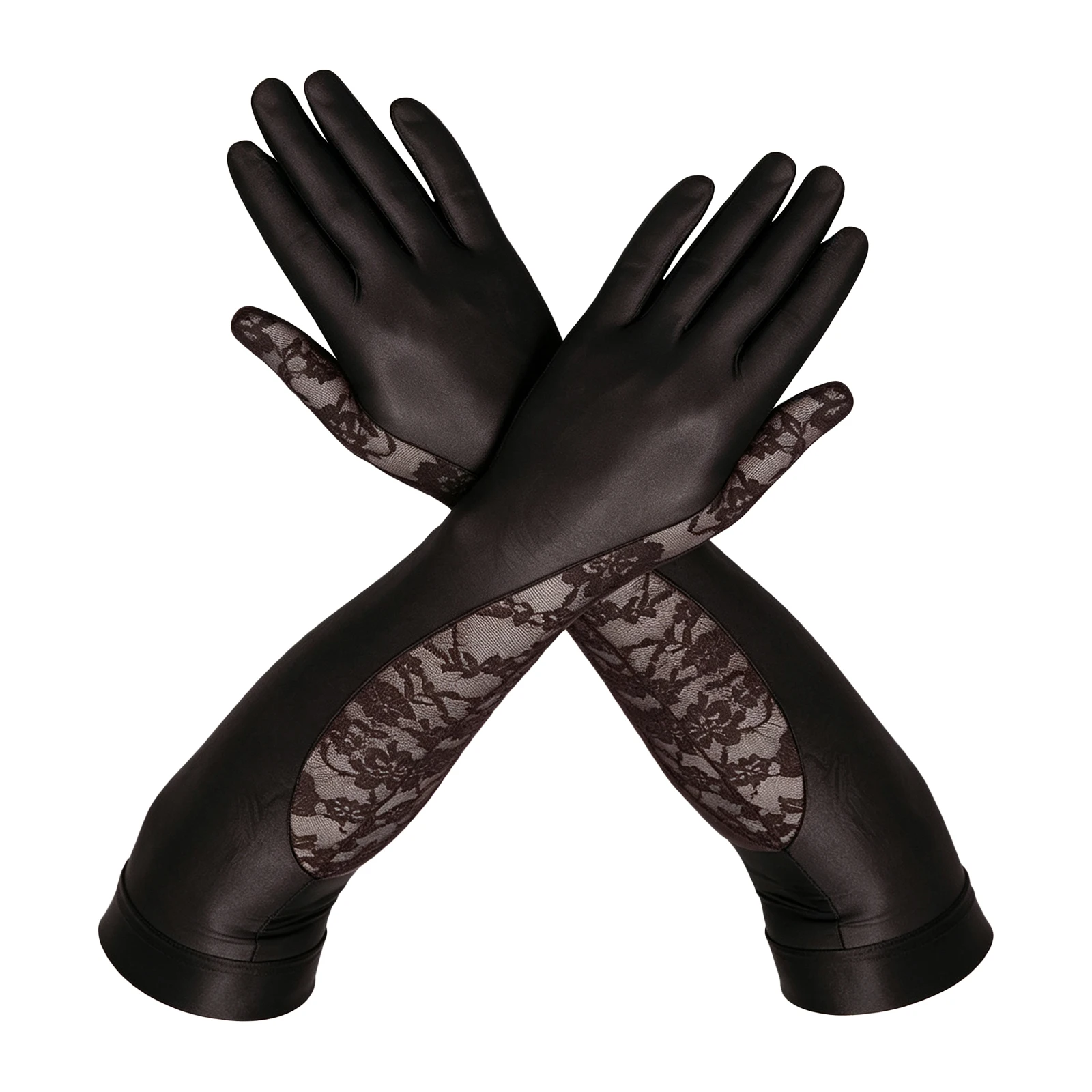 Glossy Long Gloves Sheer Mesh/Floral Lace Patchwork Full-finger Stretchy Mittens Elbow-length Gloves Arm Covers for Opera