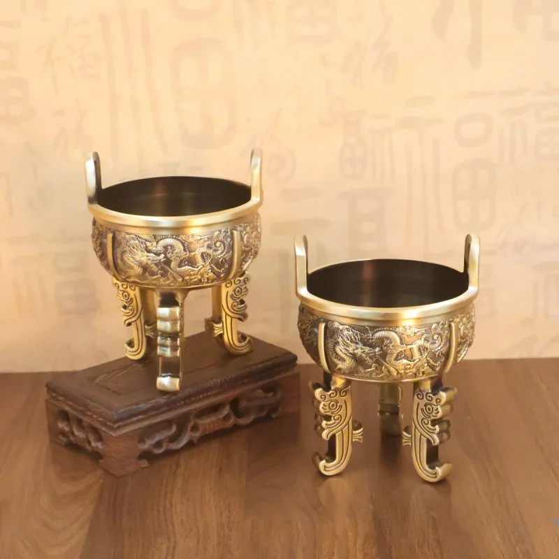 Brass Three-Legged Nine-Clawed Dragon Indoor Buddha Worship God Ornament Wealth-Attracting Incense Burner