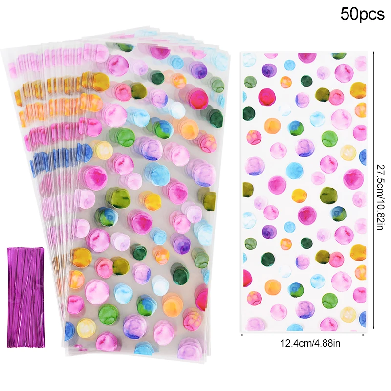 50pcs Rainbow Color Polka Dot Cellophane Bags Candy Cookies Bag for Wedding Chocolate Biscuit Pack Bags Birthday Baby Shower