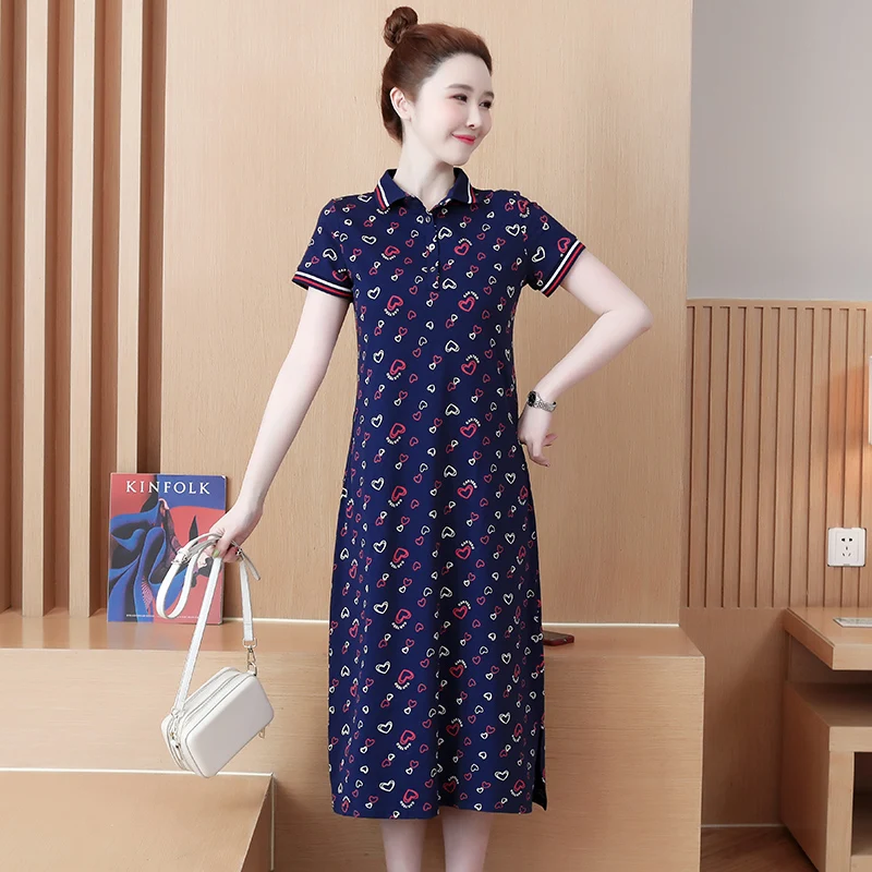 Women Cotton T-shirt ​Dresses Summer Female Polo Collar Short Sleeve Large Size Elegant Slim Knee-length Love Printed Vestidos