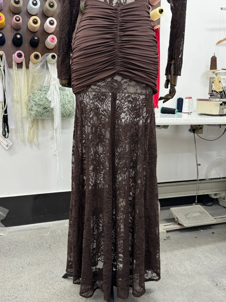 فستان سهرة طويل من الدانتيل بدون أكتاف باللون البني من VC للنساء - فستان حورية البحر مكشكش من الدانتيل الشفاف بأكمام طويلة للحفلات #6