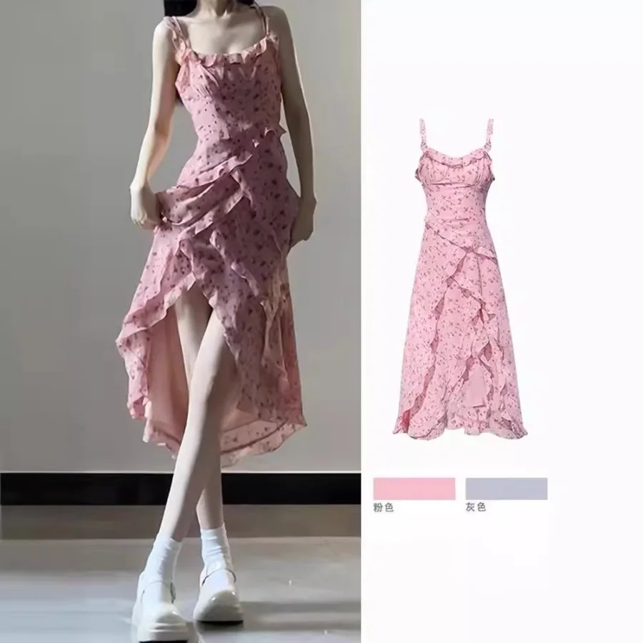 

【New style】Tea break French floral dress women's summer new style slimming waist design niche ruffled suspender dress
