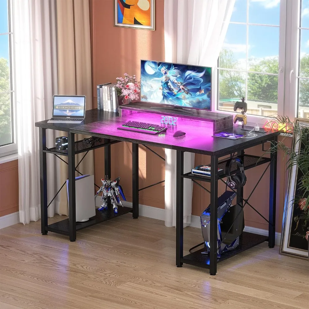 

48''Gaming Desk with LED Light, Computer Desk with Charging Station, Monitor Stand, Power Outlet and USB, LED Light and Storage