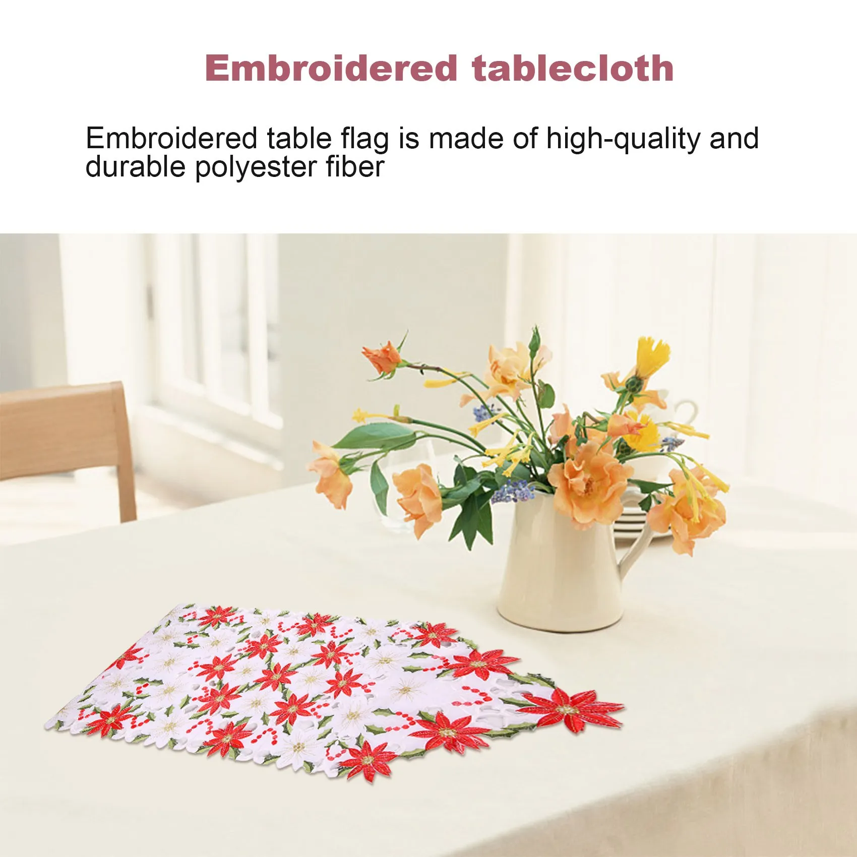 Christmas Embroidered Table Runner, Luxury Holly Poinsettia Table Runner for Christmas Decorations, 15 x 70 Inch