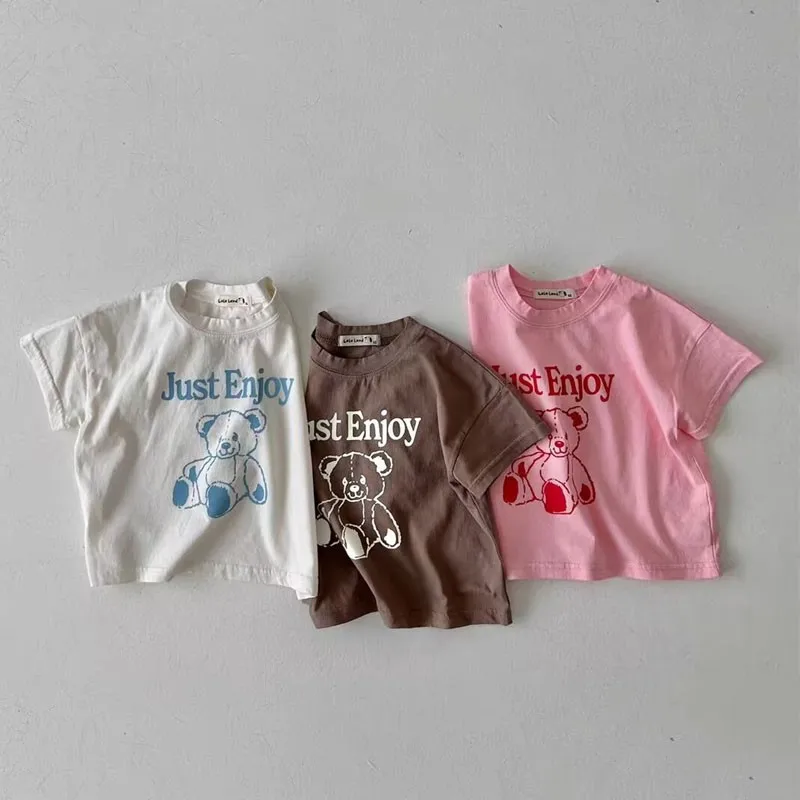 0-3y Baby Casual Cartoon T-shirt Girls Loose High Quality Bottoming Shirt For Kids Bear Tops Cotton Letter Print Pullover Tees