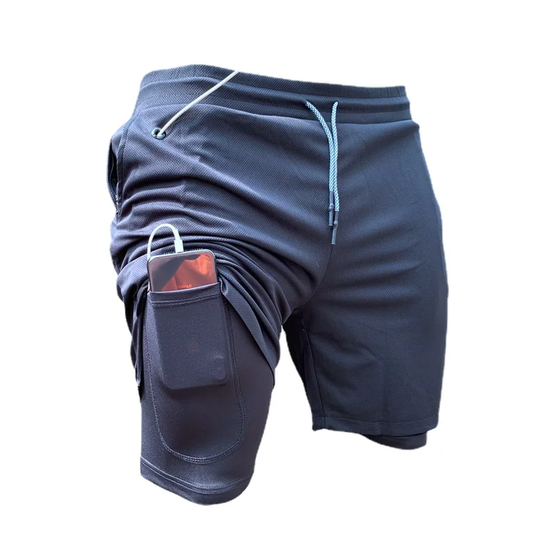 Men Workout Shorts with Legging Lining Slim Bodybuilding Short Pants with Zipper Pockets and Earphone Cable Hole