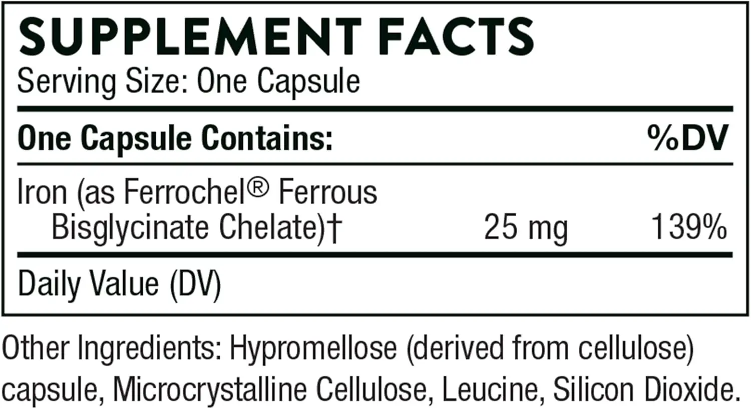 Bisglycinate Iron -25mg Iron Supplement, Enhances Absorption, No Gastrointestinal Side Effects - Gluten Free -60 Capsules