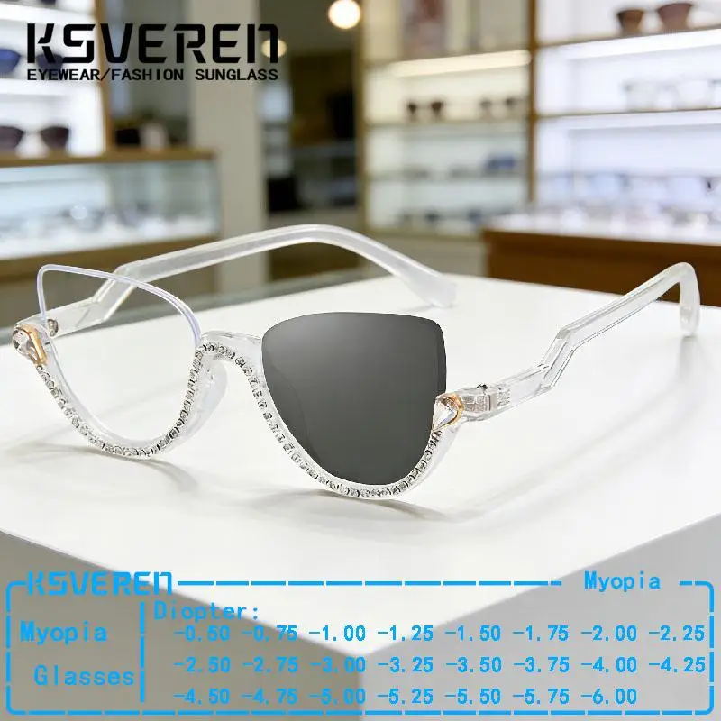 Rhinestone Cat Eye Photochromic Myopia Glasses Women Finished Prescription Glasses Female Outdoor Discolour Driving Eyewear