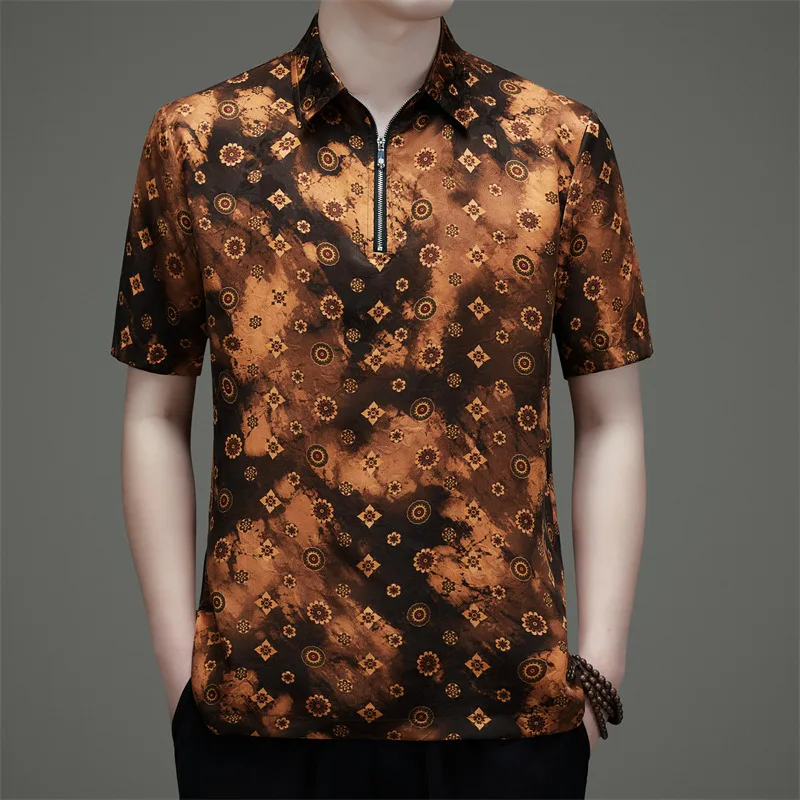 Luxurious Print Polo Shirts For Men Short Sleeve Skin-Friendly Summer Quality Satin Lightweight Real Silk 100% Camisas De Hombre