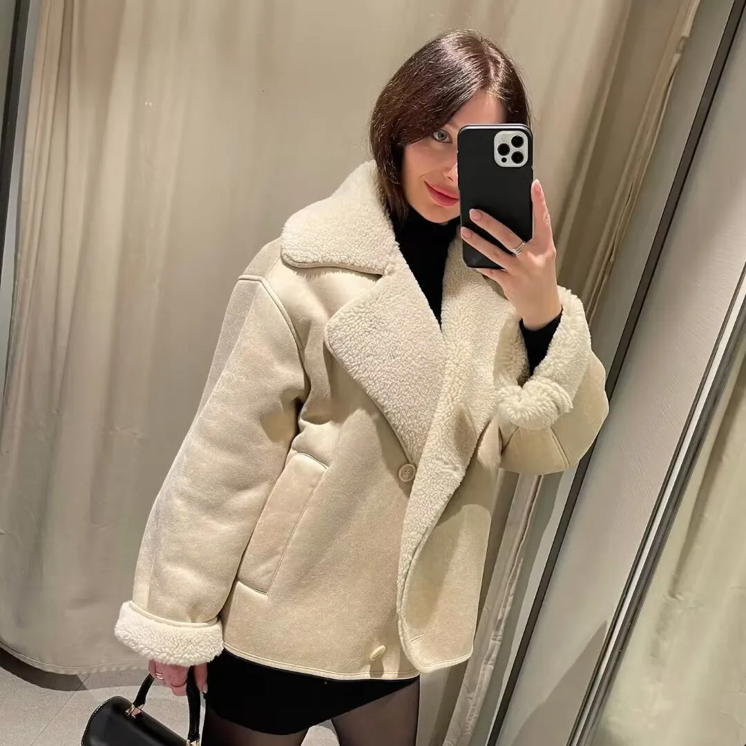 

BSK&TRAF autumn and winter new women's commuting loose wool one-piece suede plus velvet warm lapel long-sleeved jacket