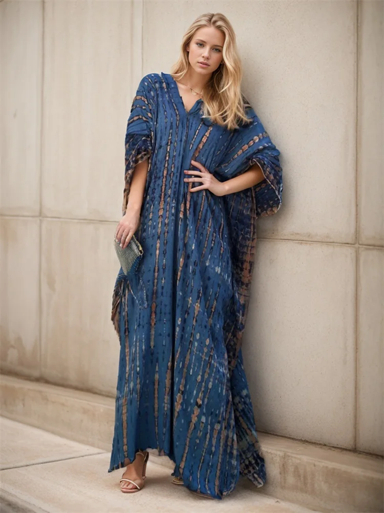 Seksowna Boho niebieski z nadrukiem w paski Plus Size dekoltem w szpic boczne rozcięcie sukienka Kaftan House 2024 damskie letnie okrycie