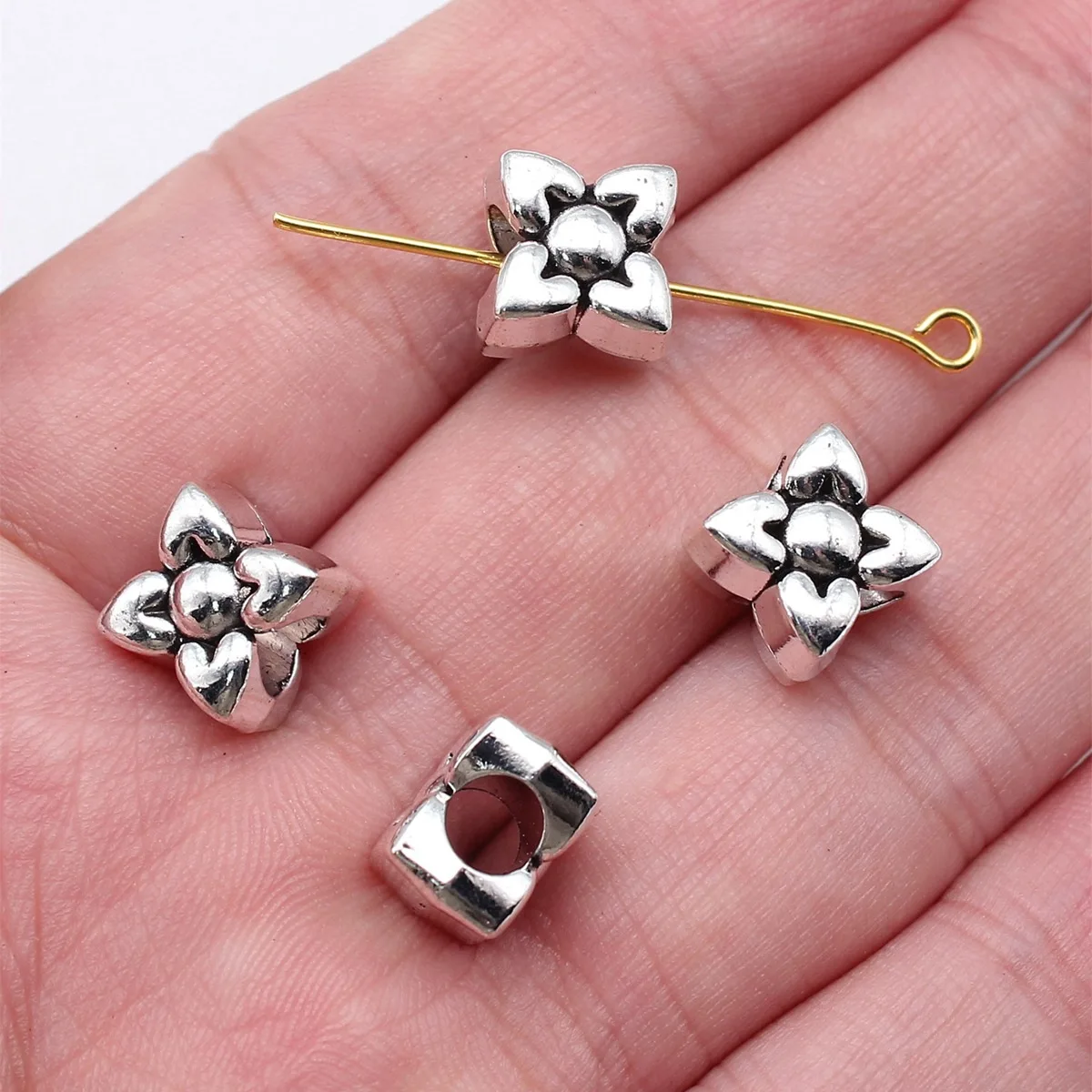 WYSIWYG 10pcs 10x10x7mm Antique Silver Color Flower Big Hole Beads Pendant For DIY Jewelry Making Handmade Jewelry Findings