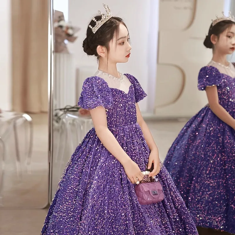 Purple Dress for Girls Fashion Princess Dress Student Graduation Season Host Recitation Show Piano Performance Costume