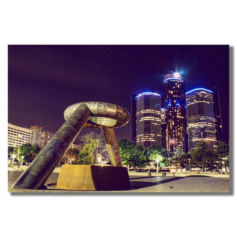 YJ009 Detroit Gorgeous City Nightscape Famous Building Silk Fabric Poster Wall Art Decor Fashion Gift