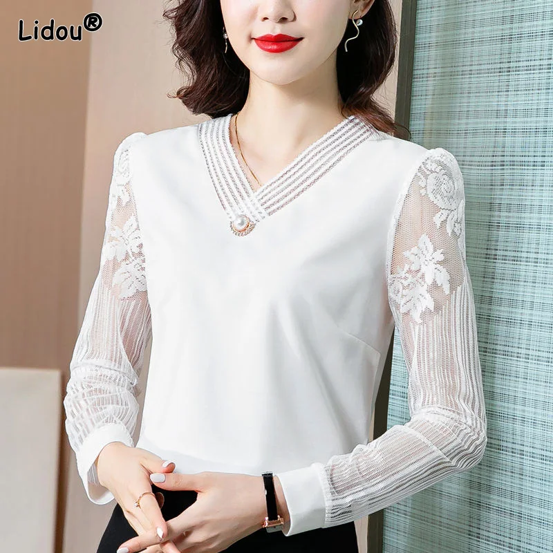 

Office Lady White Fashion Embroidered Long Sleeve Top V-neck Solid Color Slim Blouses Chiffon Thin Spring Women's Clothing 2022