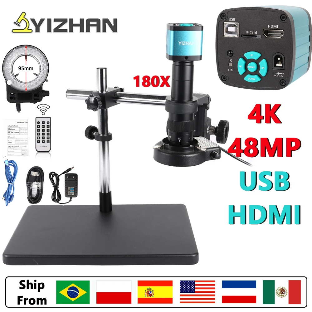 4K 48MP HDMI 1080P Electronic Digital Video Microscope Camera 180X Zoom C Mount Lens 56 LED Mobile Phone Repair Tools