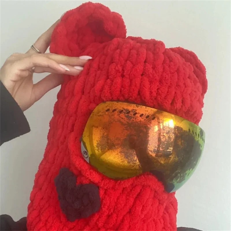 

New cross-border sales Balaclava fashion Eccentric personality pure hand knitting bear ear hat for Outdoor Windproof Hat Warm