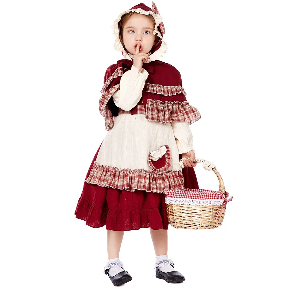 5 Stück kleine rote Reit haube Cosplay Kleid für Mädchen Lolita Stil Kleid Kinder Dienst mädchen Halloween Kleid Bühne Drama Show Kostüm