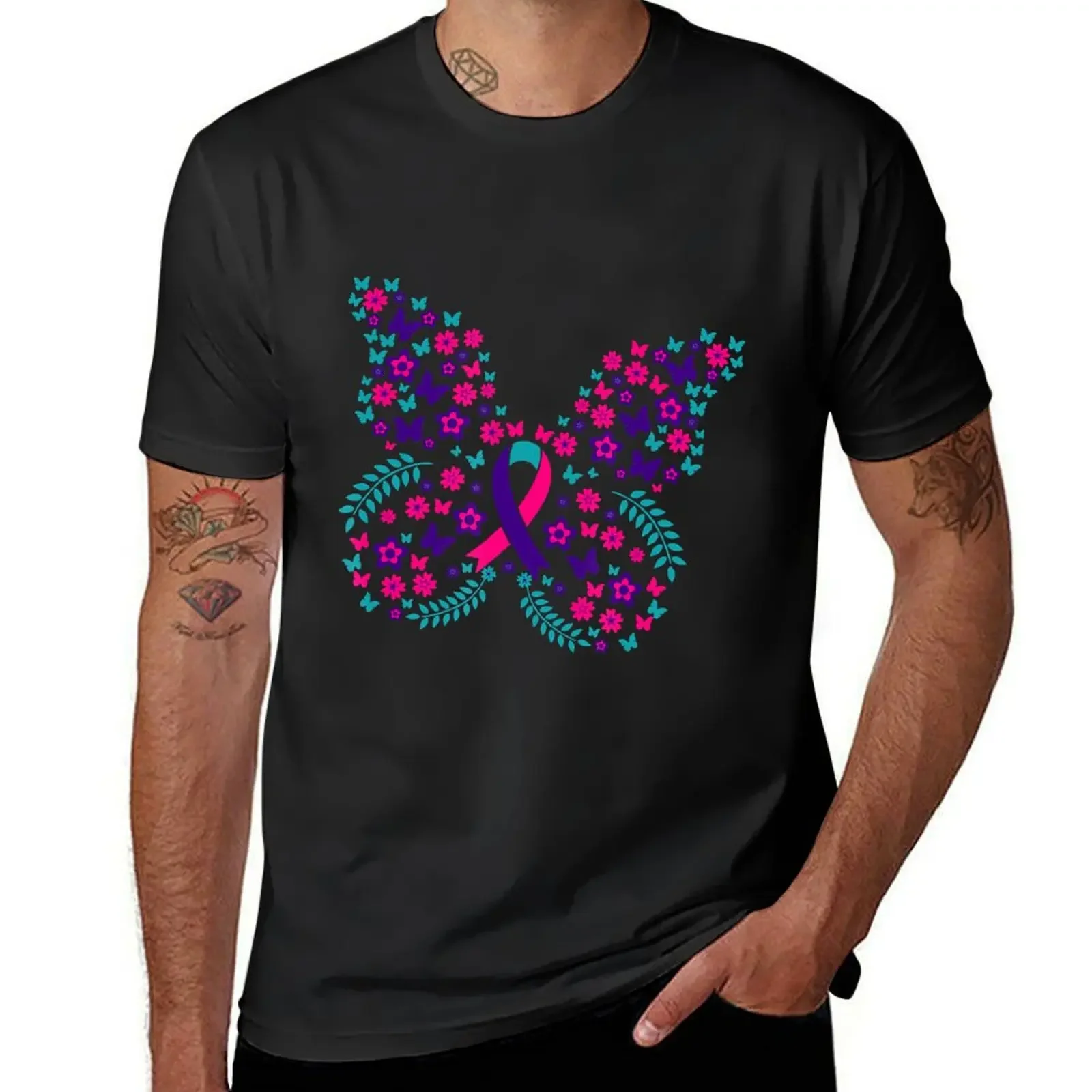 Flower Butterfly Thyroid Cancer Awareness Ribbon T-Shirt custom shirt sweat anime tshirt t shirts men