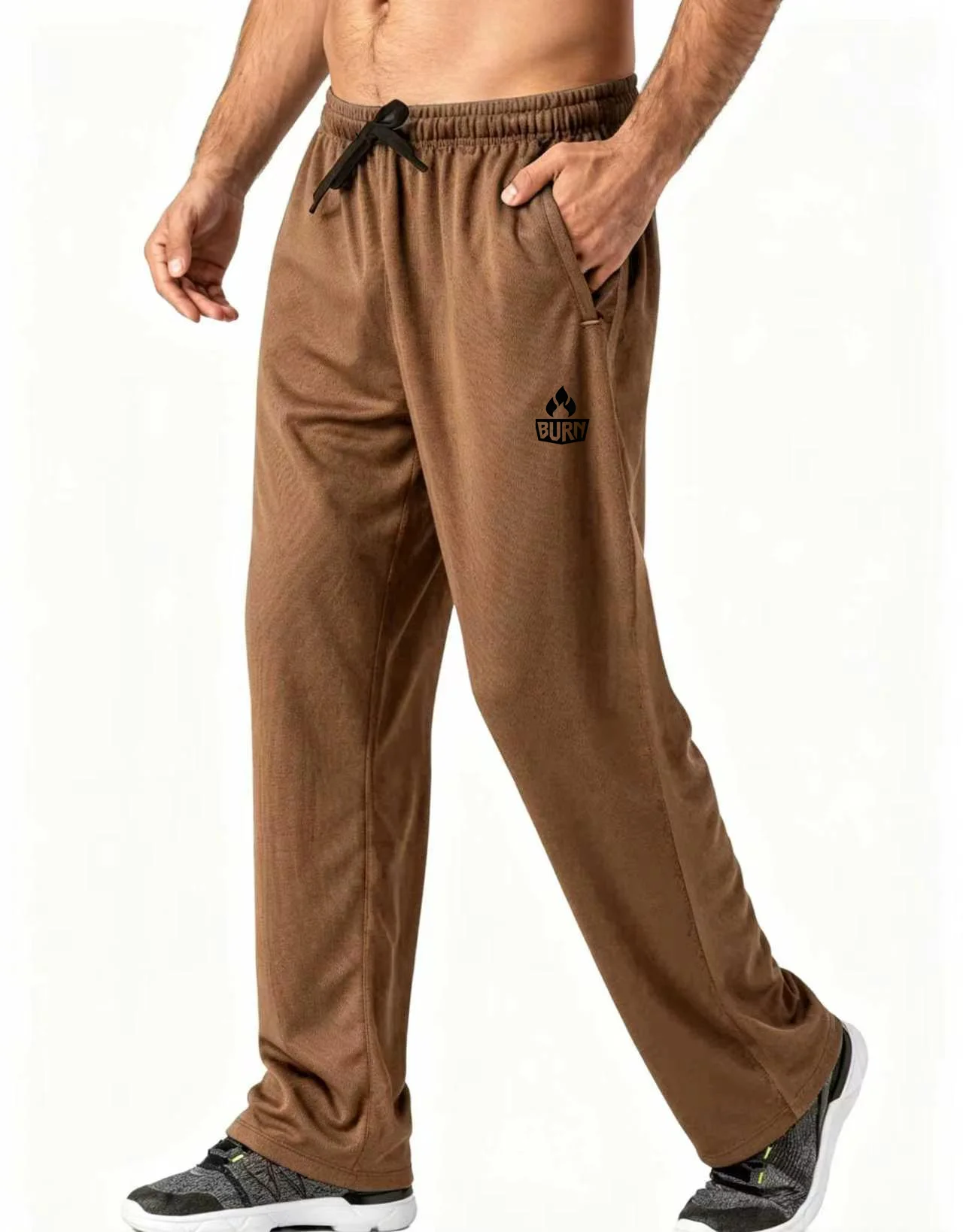 Men's Quick‑Dry Straight Sports Pants, Burn Logo Print Drawstring Sweatpants, Zip Side Pockets Gym Running Casual Trouse