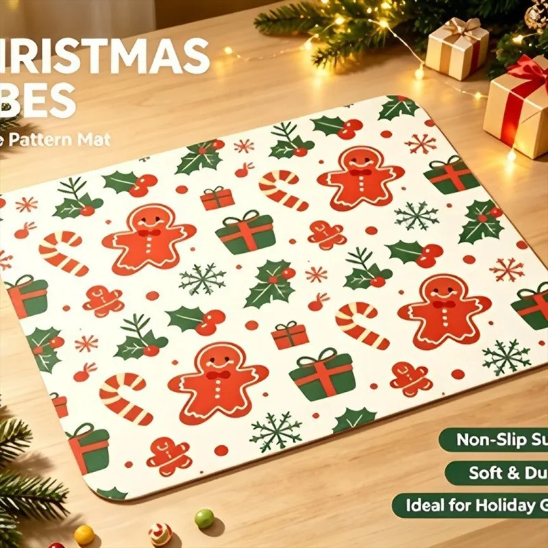 VIKAMA Diatomite Drying Mat, Super Absorbent Quick Dry Non-Slip Kitchen Counter Christmas Gingerbread Candy Cane Decor