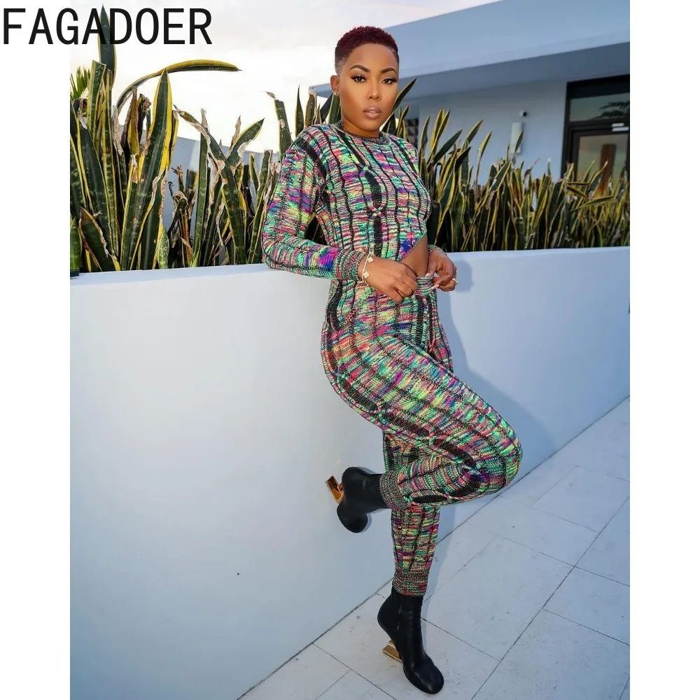 FAGADOER Casual Multicolour Knitting Skinny Pants Two Piece Sets Women Round Neck Long Sleeve Crop Top And Pants Outfits 2024