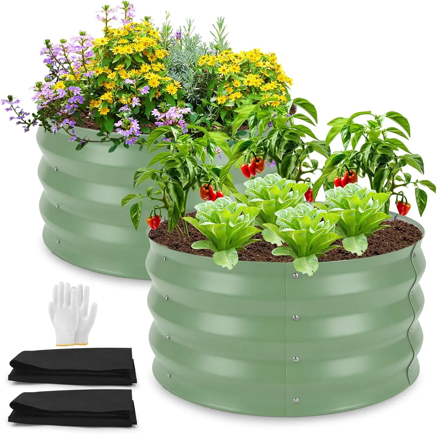 

Round Metal Raised Garden Bed 2 Pack with Fabric Liners, 2 ft × 2 ft × 1 ft, Outdoor Planters for Backyard, Patio & Ga