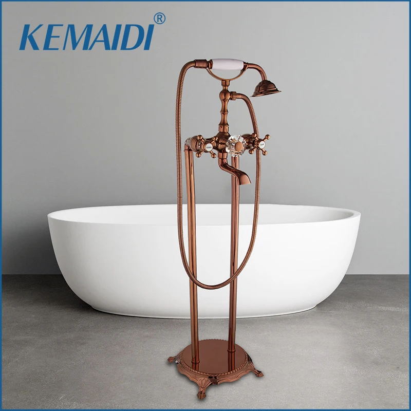 

KEMAIDI Rose Gold Bathroom Shower Set Solid Brass Freestanding Bathtub Bath Filler Tub Shower Systerm Hot Cold Water Mixer Set