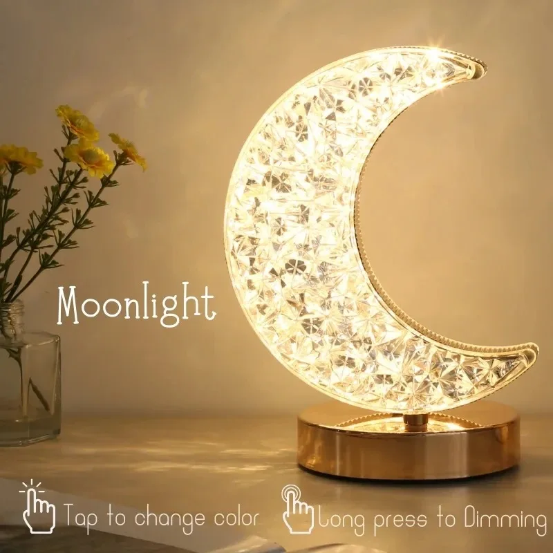 USB Charging LED Moon Night Light Touch Control Diamond Crystal Desk Lamp Bedside Ambient Table for Home Bedroom Decoration