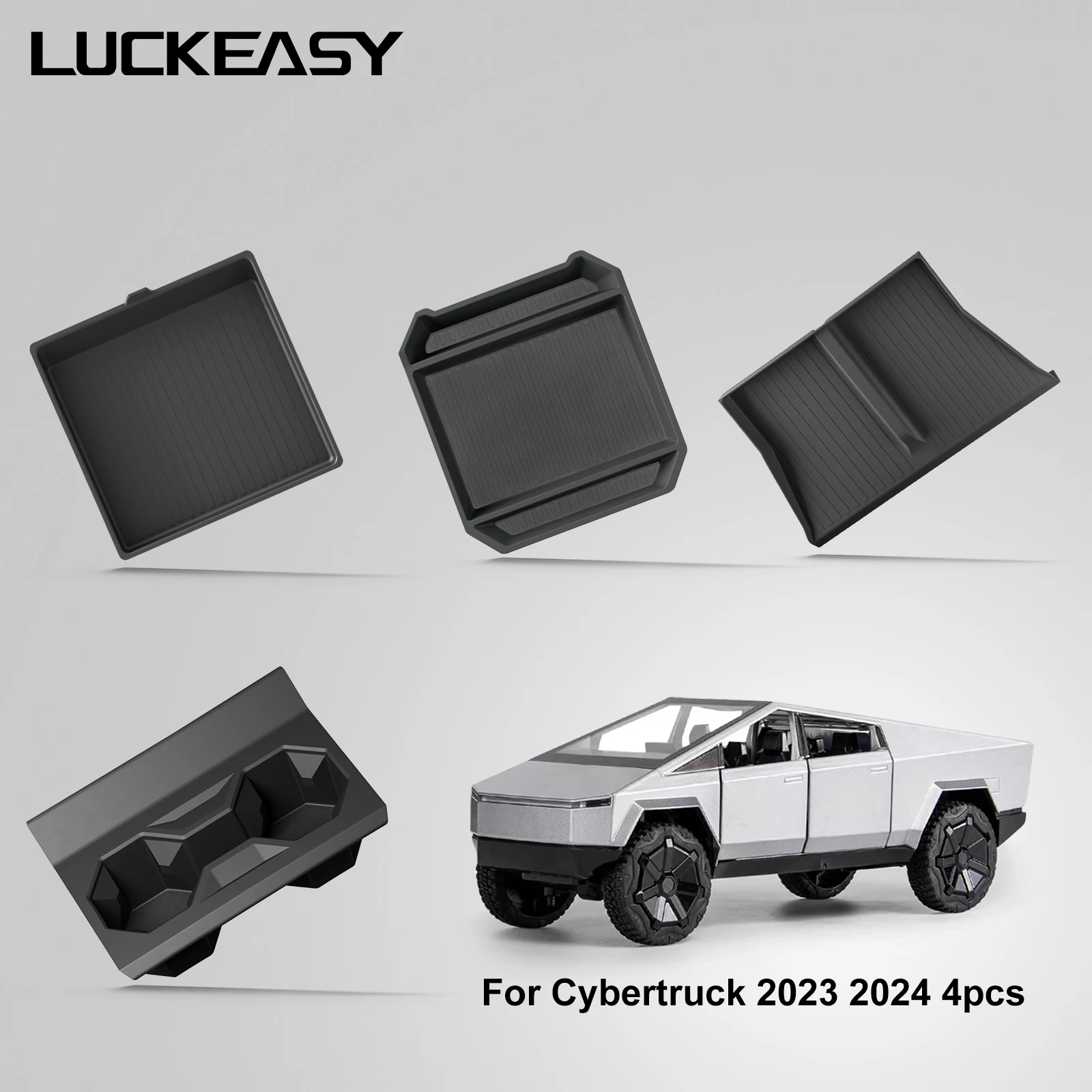 For Tesla Cybertruck 2024 Car Storage Box Kit Center Console Cup Holder Wireless Charging Mat Organizer Tray Accessories 4Pcs