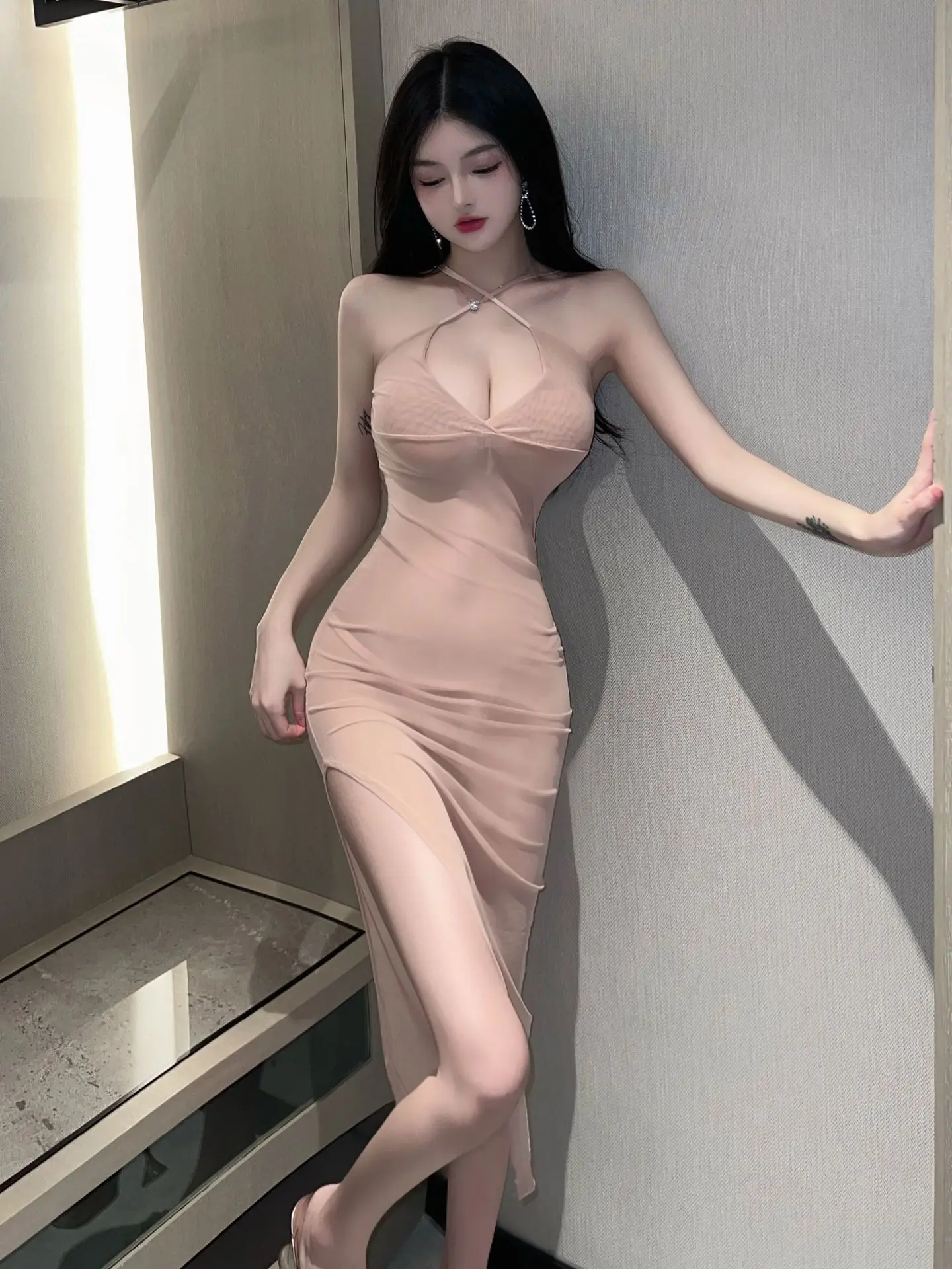 Bata transparente a la moda para mujer, Tops sexis de malla fina para mujer, vestido Sexy de malla con abertura alta, vestido elegante transparente Sexy coreano 1PJ 2023