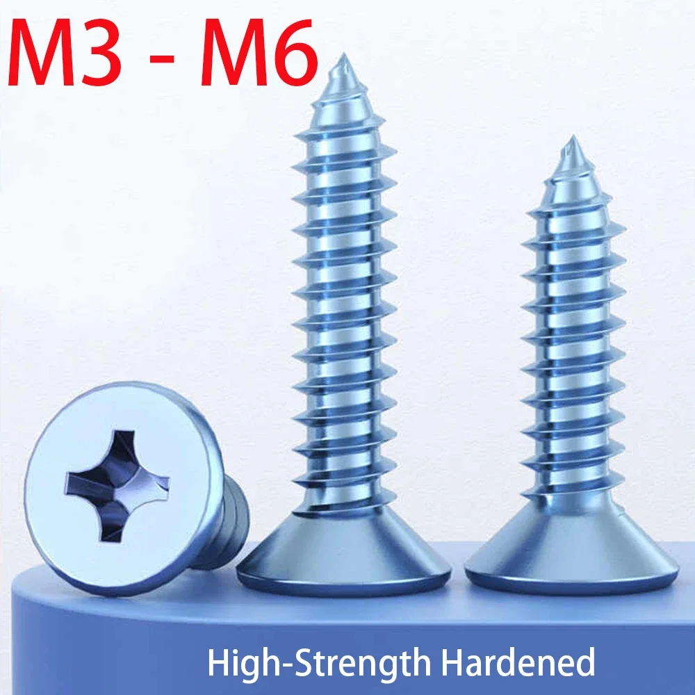 M3 M4 M5 M6 Phillips Countersunk Head Self-Tapping Screw Flat Head Wood Screws Carbon Steel Plating Blue Zinc Length 6/8/10-60mm