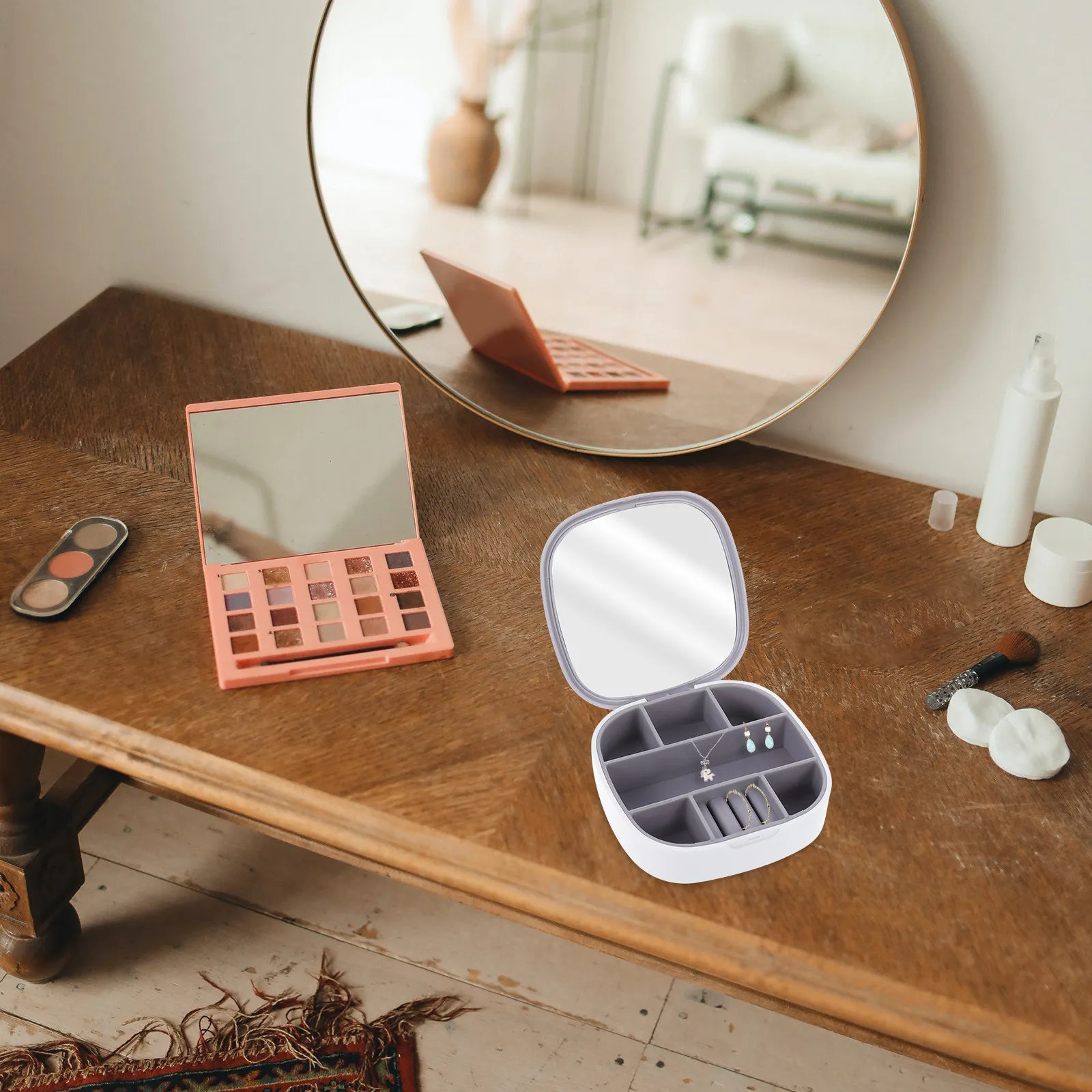 Portable Jewelry Storage Holder Mini Jewelry Box with Mirror Multi-Grid Organizer for Earrings Necklaces Bracelets Small Items