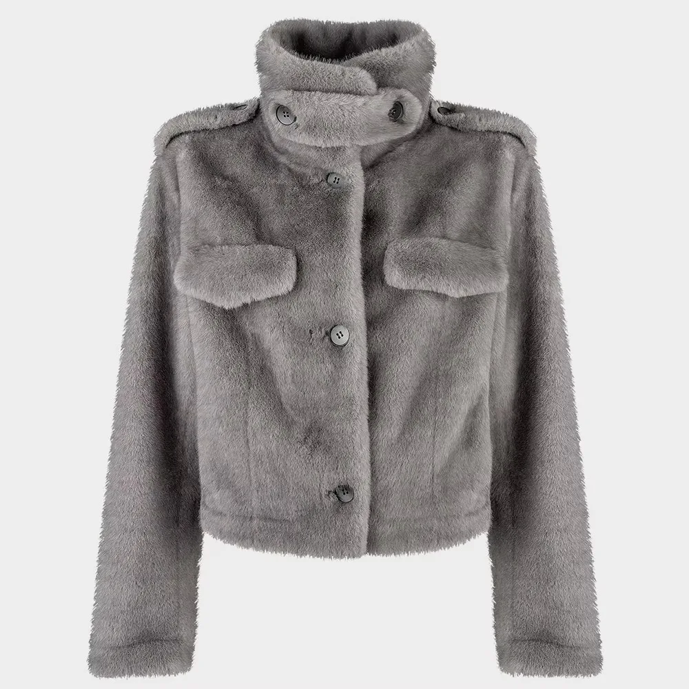 Women's Cropped Fluffy Faux Fur Coat Button Front Stand Collar Grey Brown Thick Warm Winter Jacket Elegant Luxe Chic